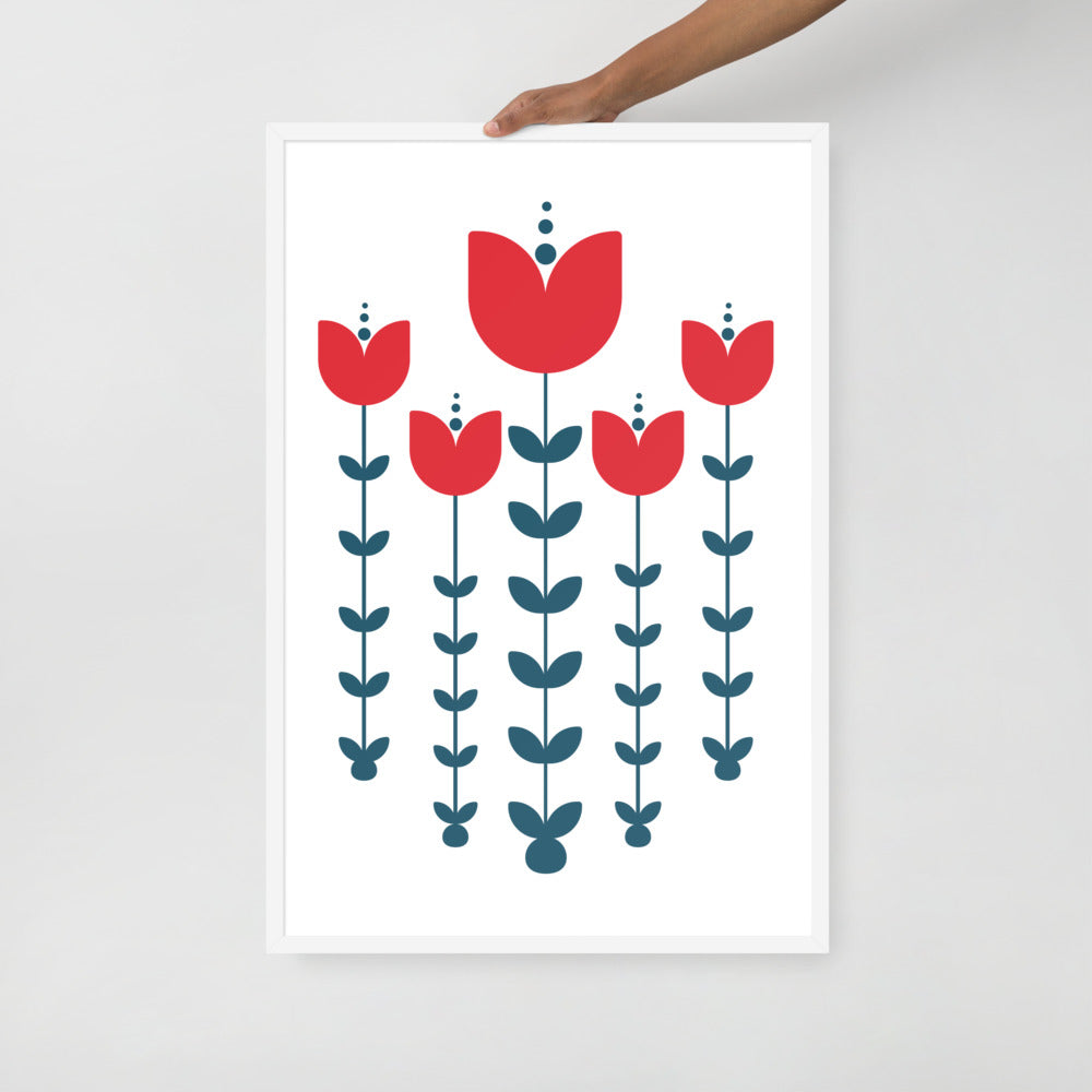 Red Scandinavian Flowers Framed Photo Paper Poster