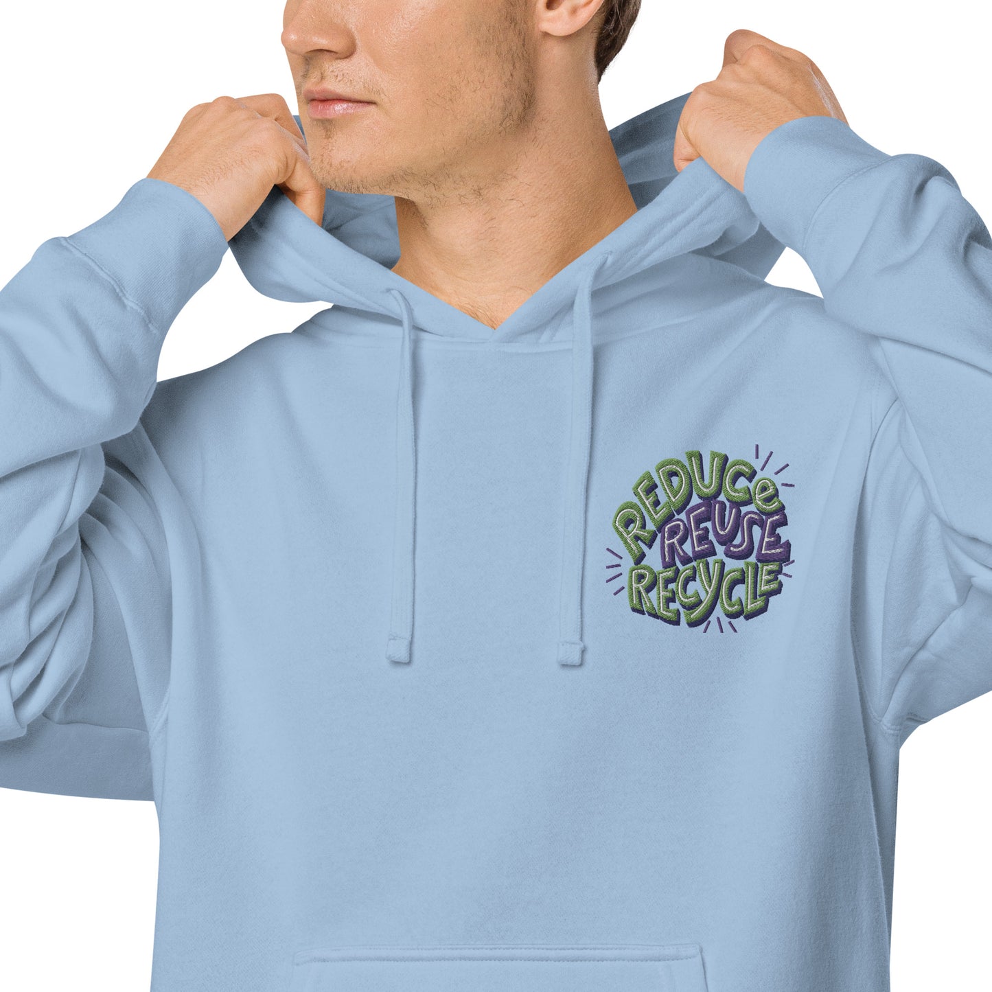 Unisex Embroidered Pigment Dyed Hoodie Reduce, Reuse, Recycle Lettering