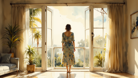 Person standing in a warm, sunlit living room facing open doors with golden light streaming inside.