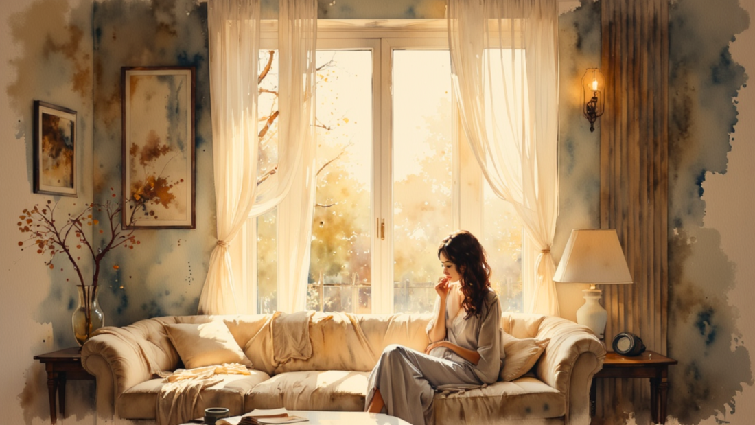 Woman sitting thoughtfully on a sofa in a warm, sunlit living room with soft golden light streaming through curtains.