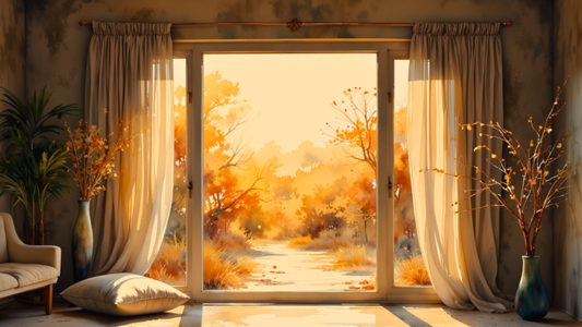 Soft golden sunrise light streaming through open curtains into a cozy living space, symbolizing a calm and intentional morning.