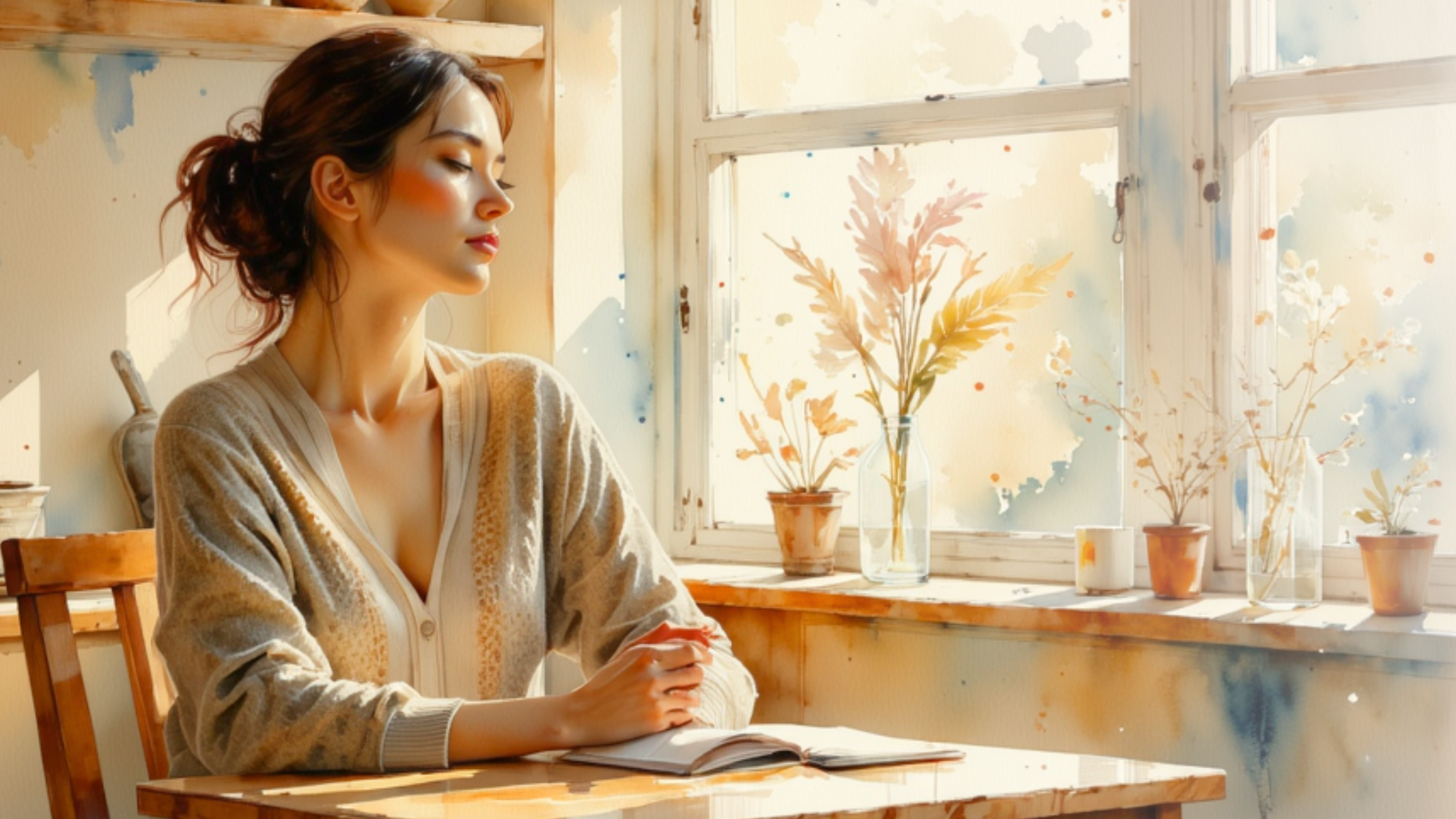 Woman reflecting with an open journal beside a sunlit window