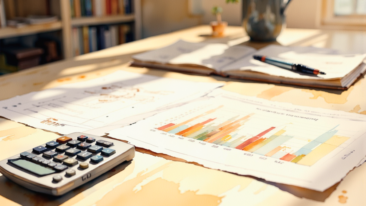 Financial reports, charts and working notes spread across a desk for reviewing business performance.