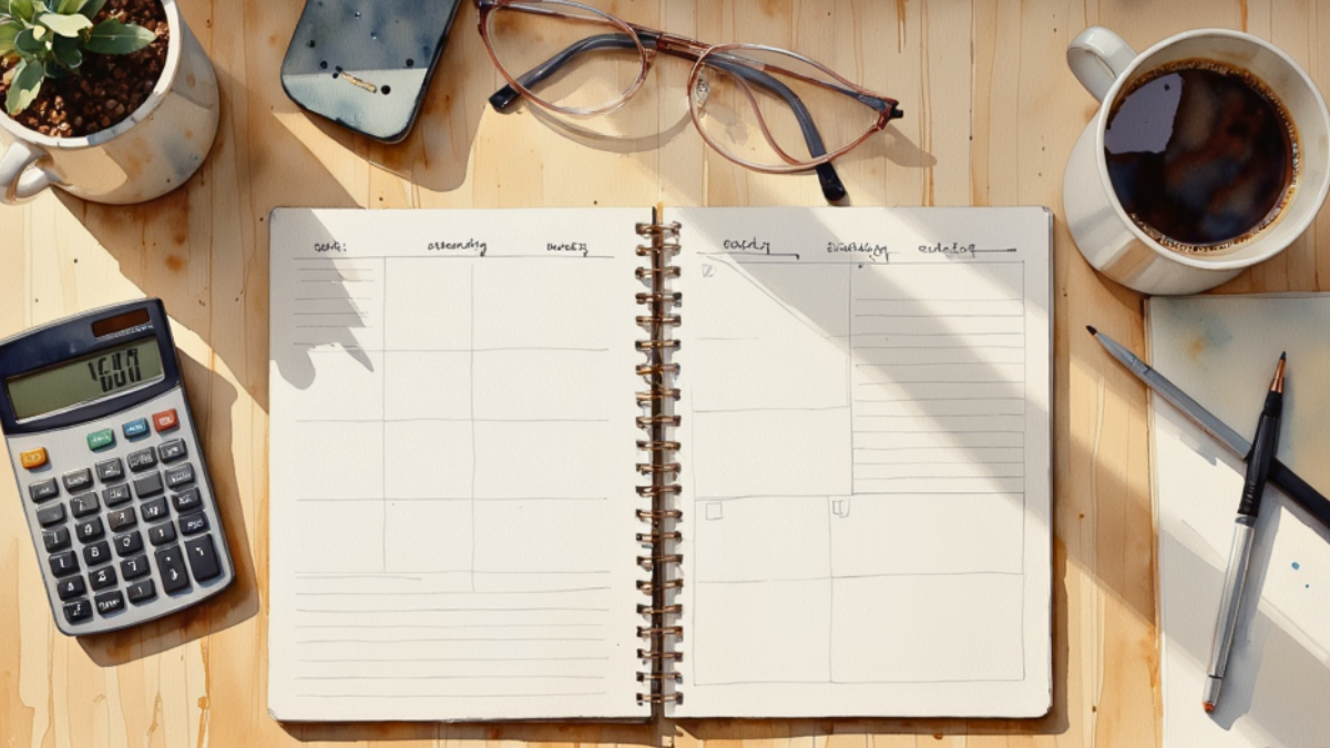 Notebook, calculator and planning documents arranged on a desk for budgeting, forecasting and confident decision making.