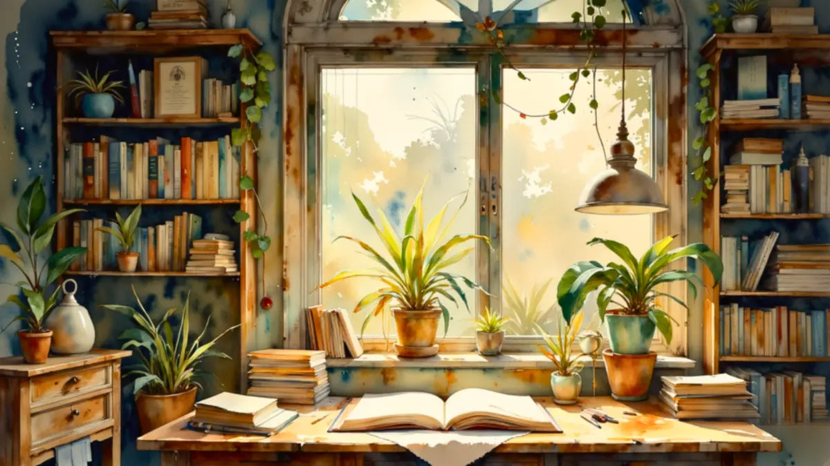 Sunlit Casa Feranis creative studio with art supplies, warm timber details and an inviting table where imagination comes to life.
