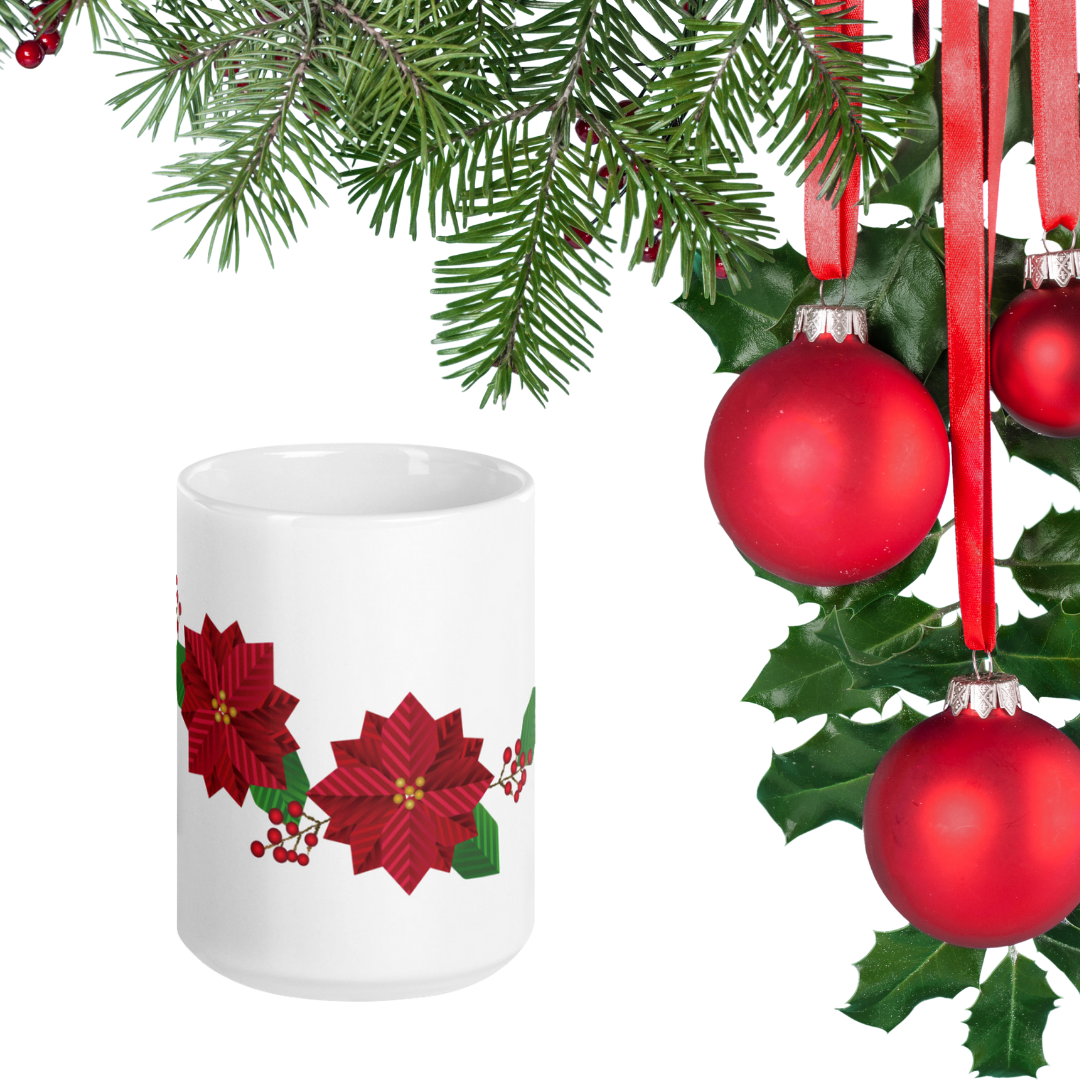 White Glossy Coffee, Tea or Hot Chocolate Mug Christmas Gnome with Poinsettias