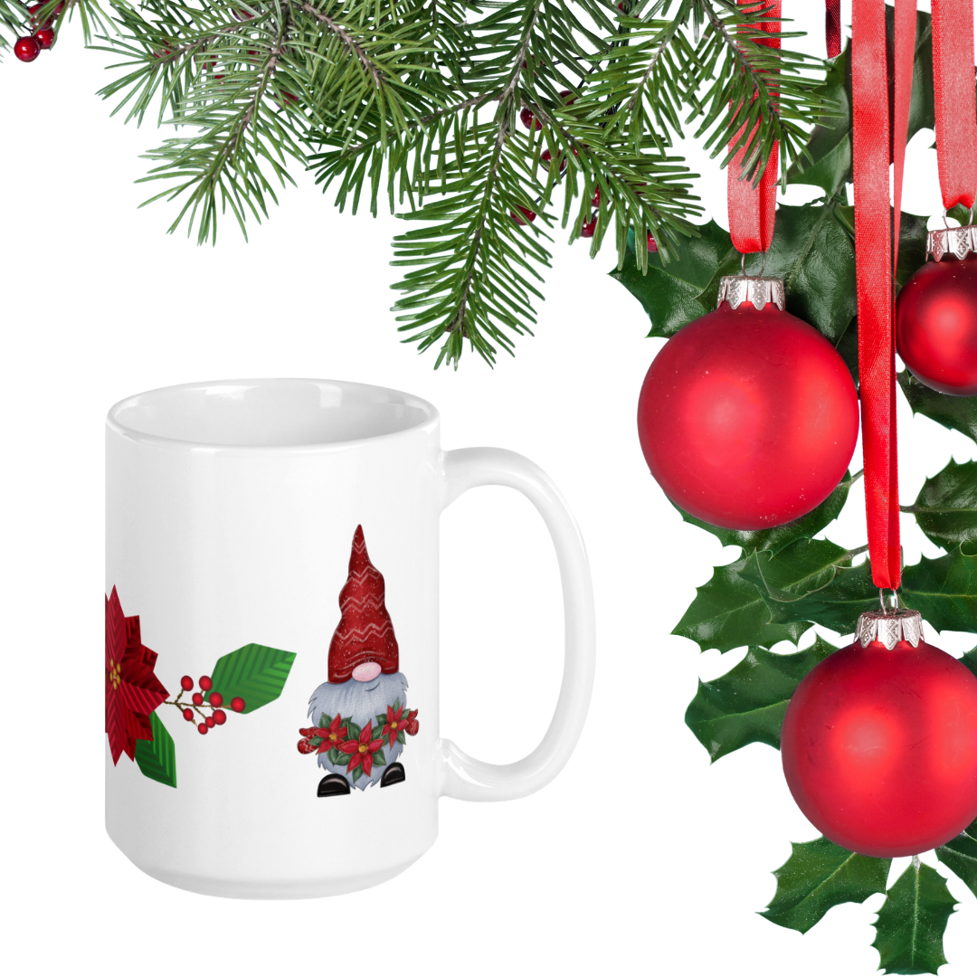 White Glossy Coffee, Tea or Hot Chocolate Mug Christmas Gnome with Poinsettias