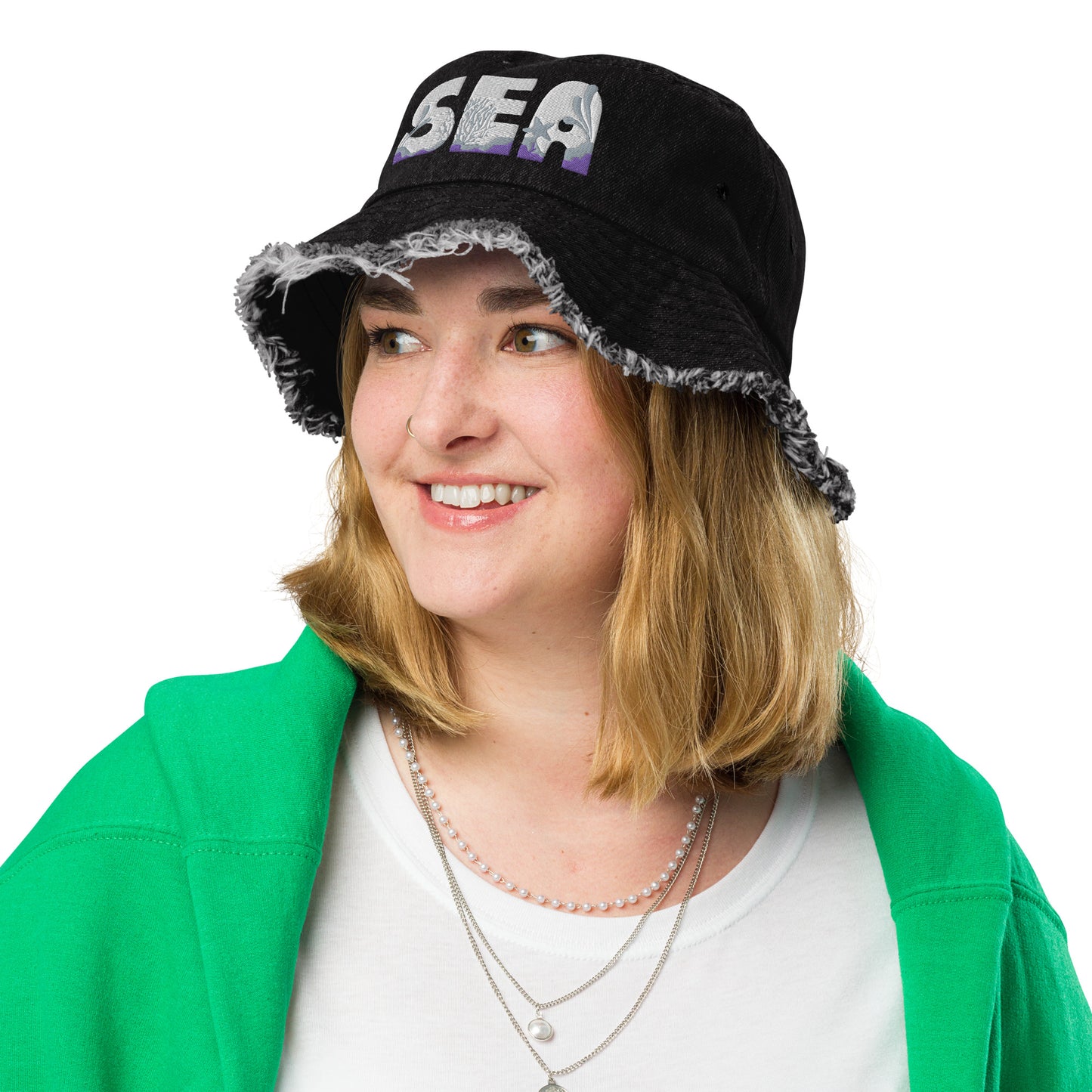 Unisex Embroidered Distressed Denim Bucket Hat Sea Lettering