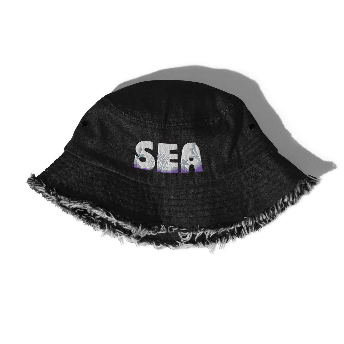 Unisex Embroidered Distressed Denim Bucket Hat Sea Lettering