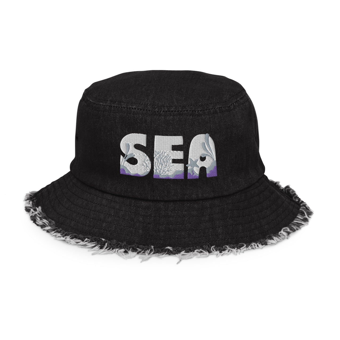 Unisex Embroidered Distressed Denim Bucket Hat Sea Lettering