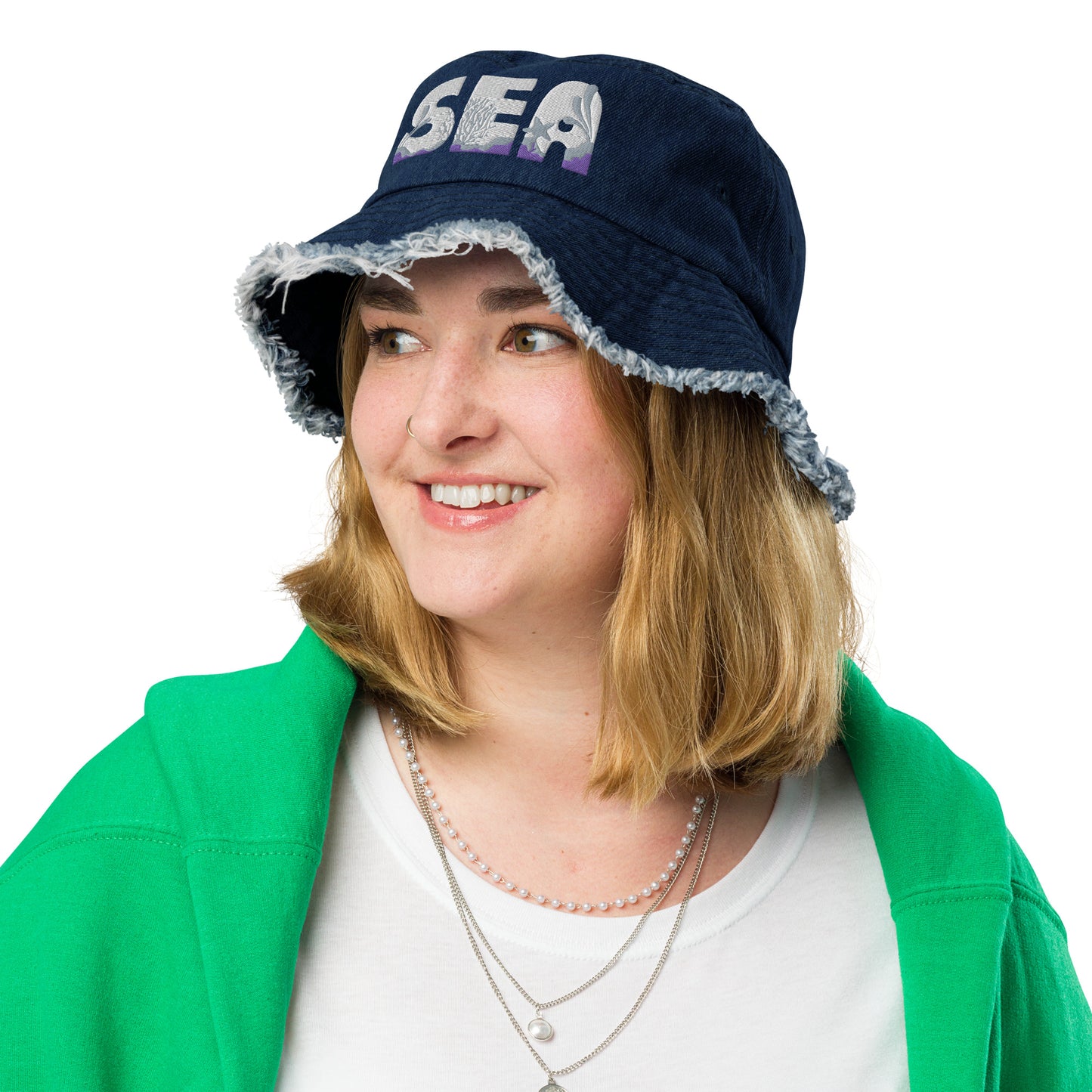 Unisex Embroidered Distressed Denim Bucket Hat Sea Lettering