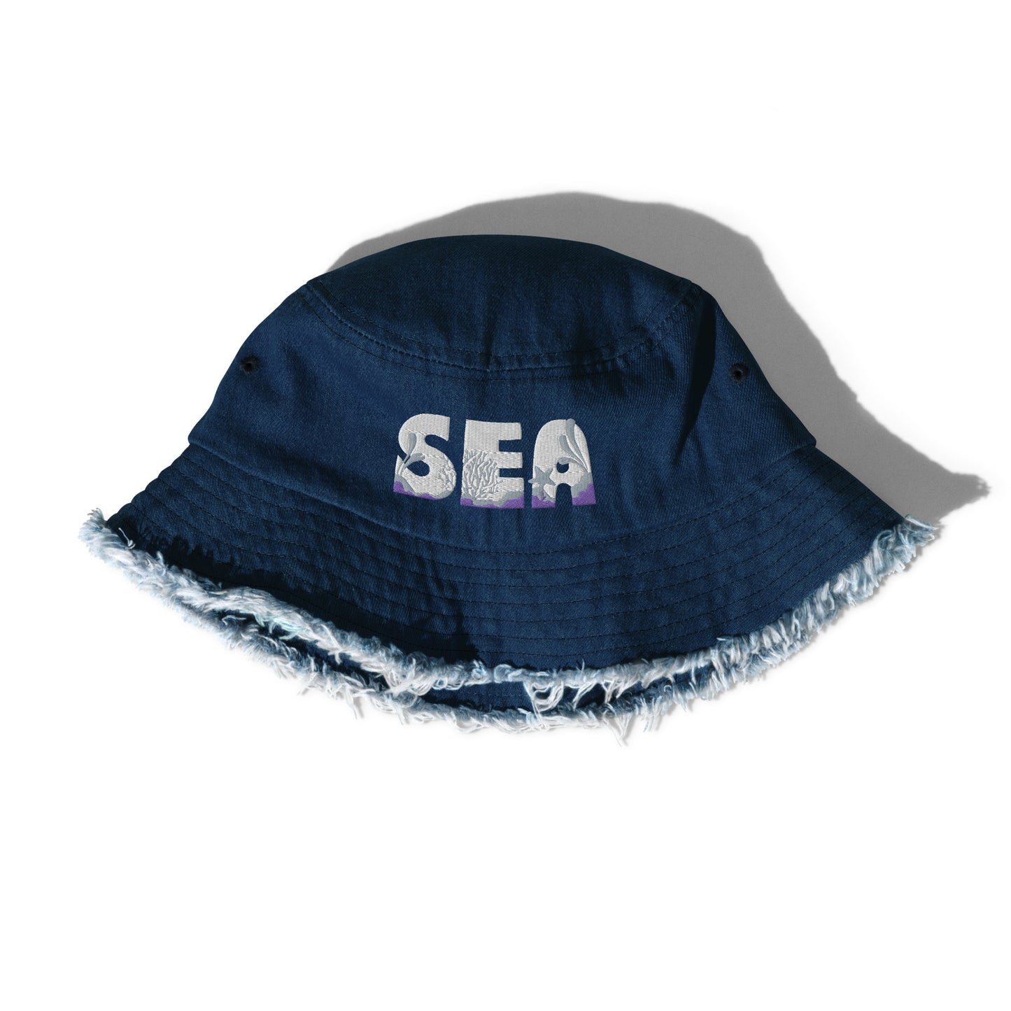Unisex Embroidered Distressed Denim Bucket Hat Sea Lettering