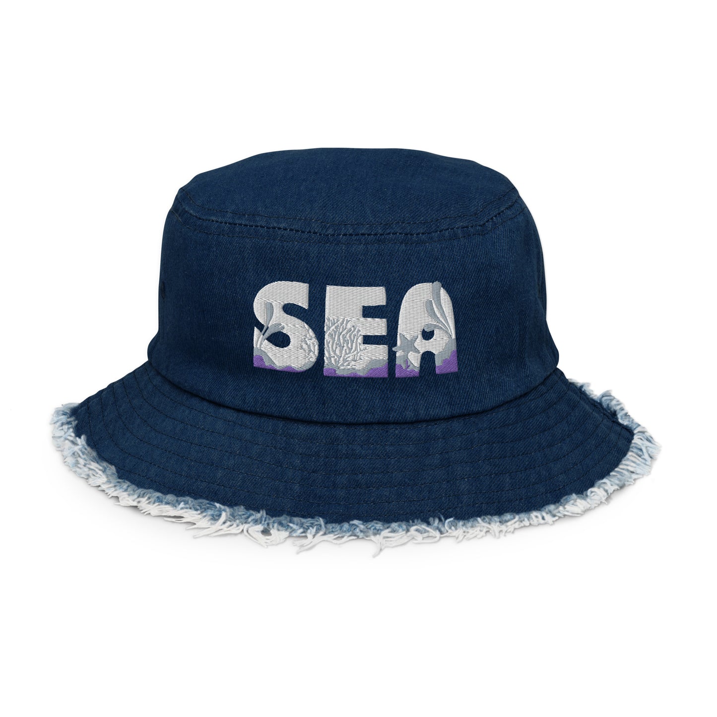 Unisex Embroidered Distressed Denim Bucket Hat Sea Lettering
