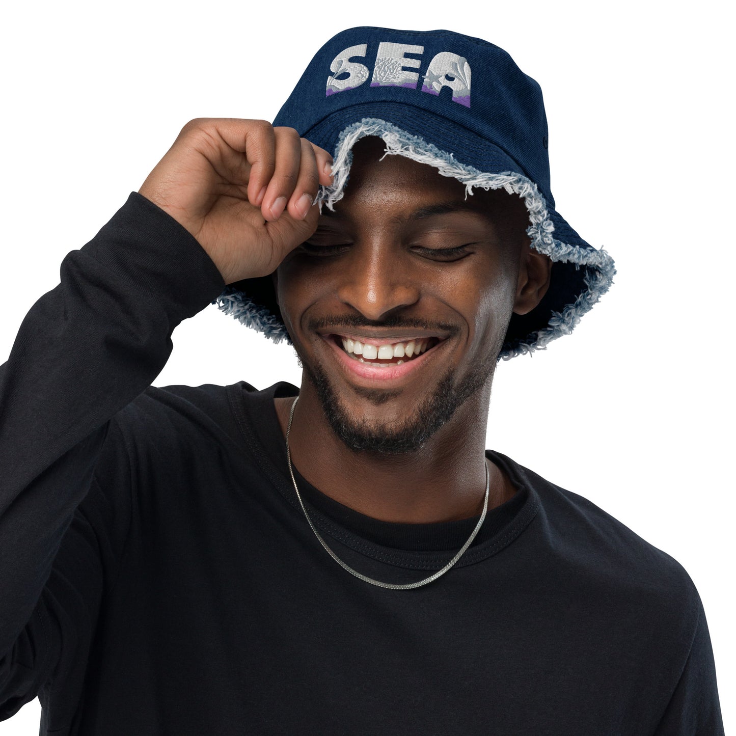 Unisex Embroidered Distressed Denim Bucket Hat Sea Lettering