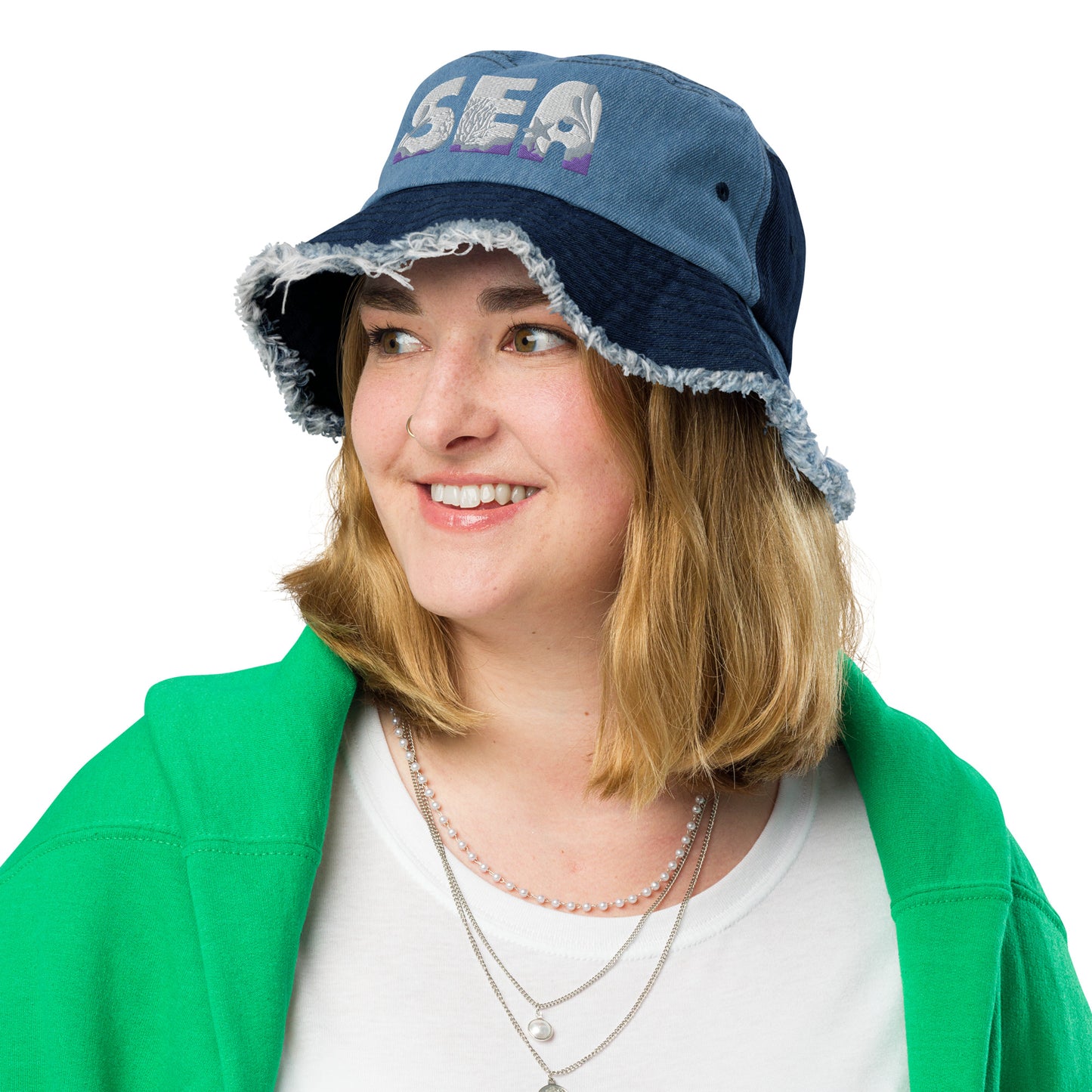 Unisex Embroidered Distressed Denim Bucket Hat Sea Lettering