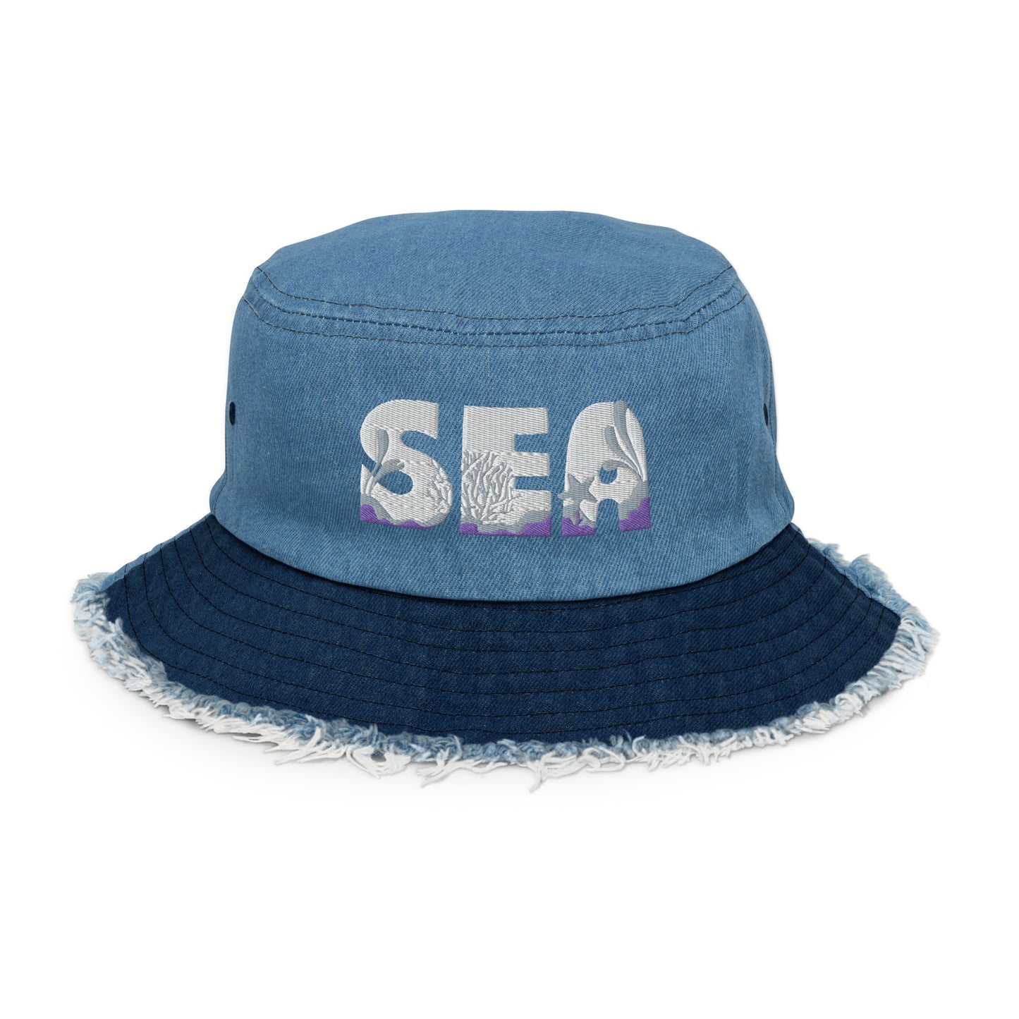 Unisex Embroidered Distressed Denim Bucket Hat Sea Lettering