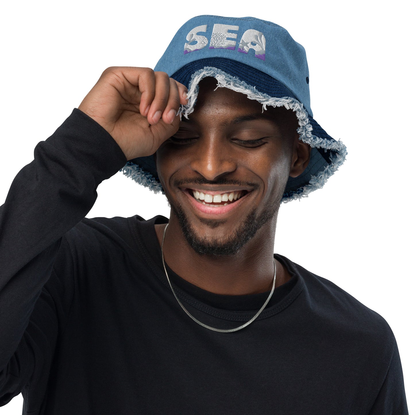 Unisex Embroidered Distressed Denim Bucket Hat Sea Lettering