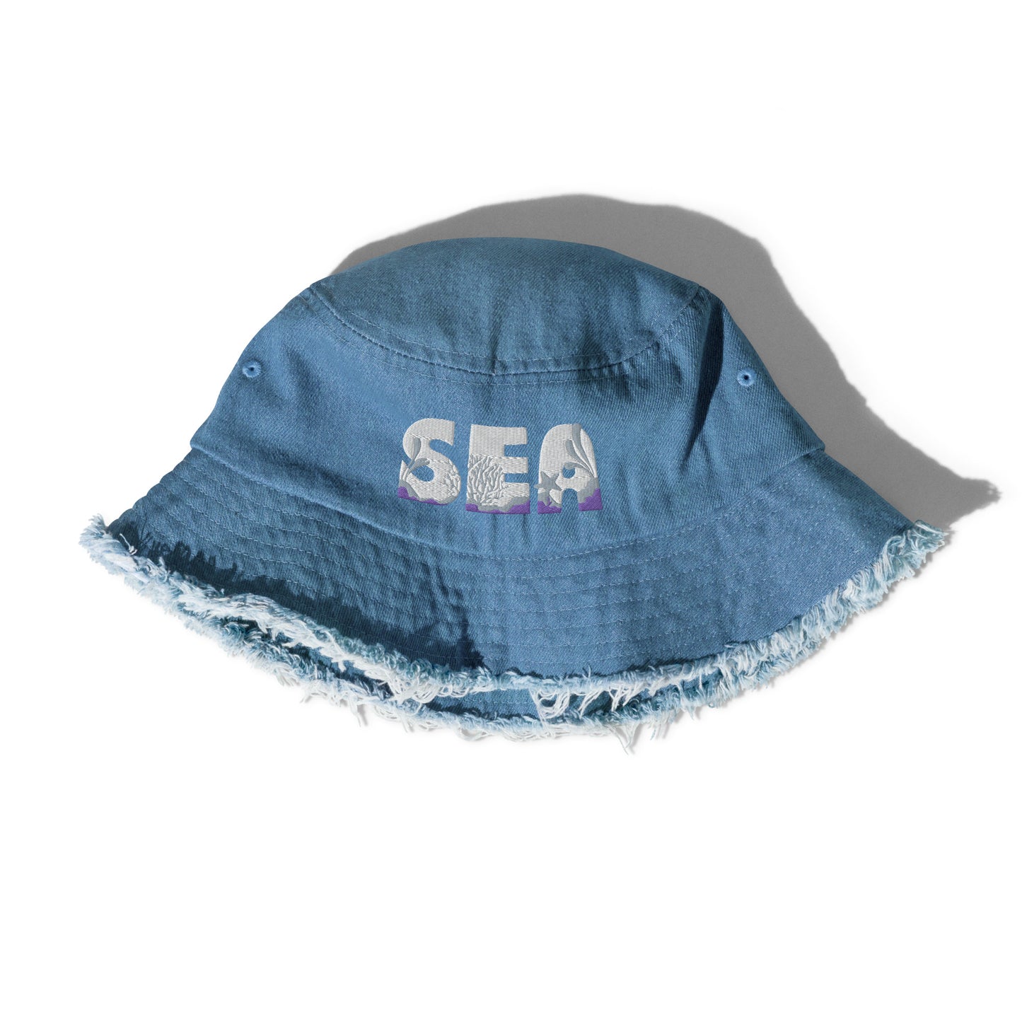 Unisex Embroidered Distressed Denim Bucket Hat Sea Lettering