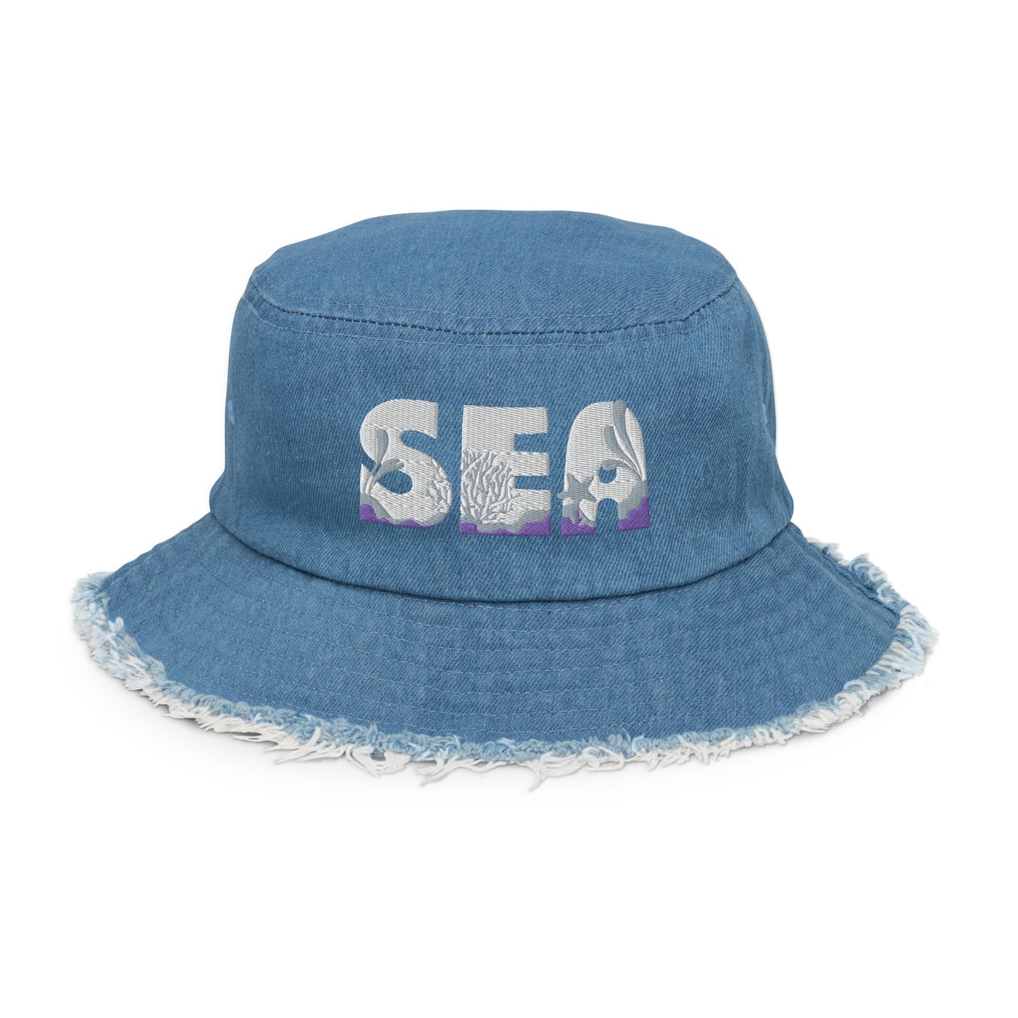 Unisex Embroidered Distressed Denim Bucket Hat Sea Lettering