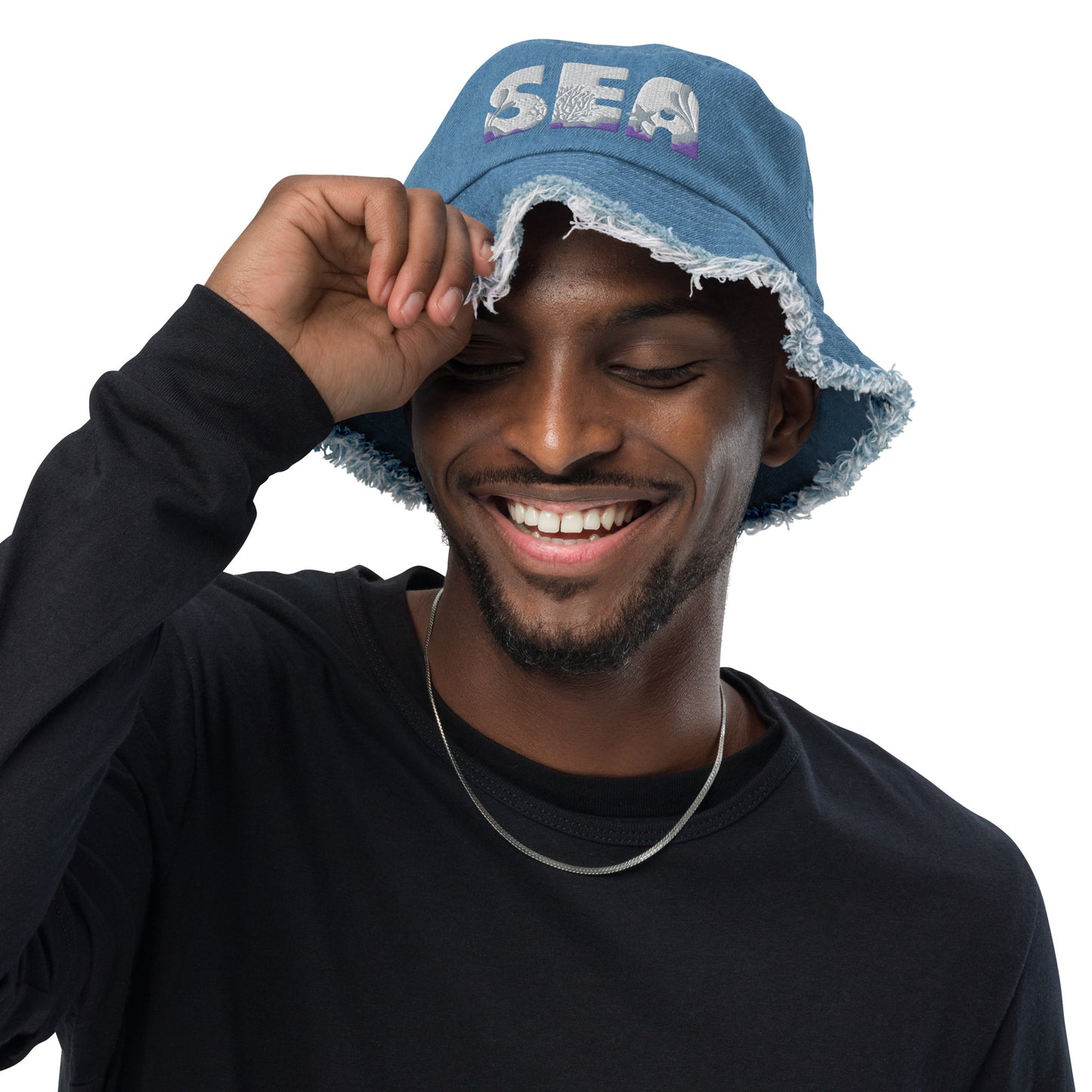 Unisex Embroidered Distressed Denim Bucket Hat Sea Lettering