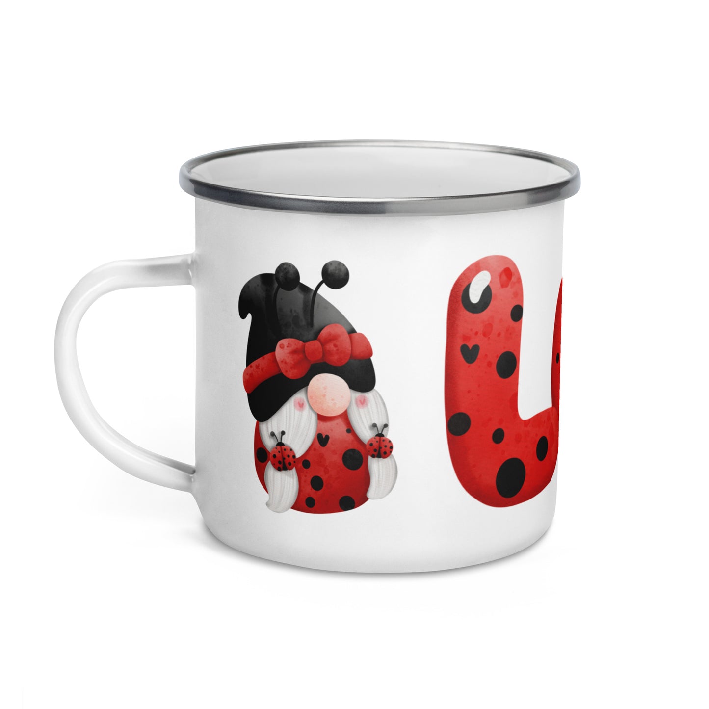 Camping Enamel Mug Ladybug Gnome Love