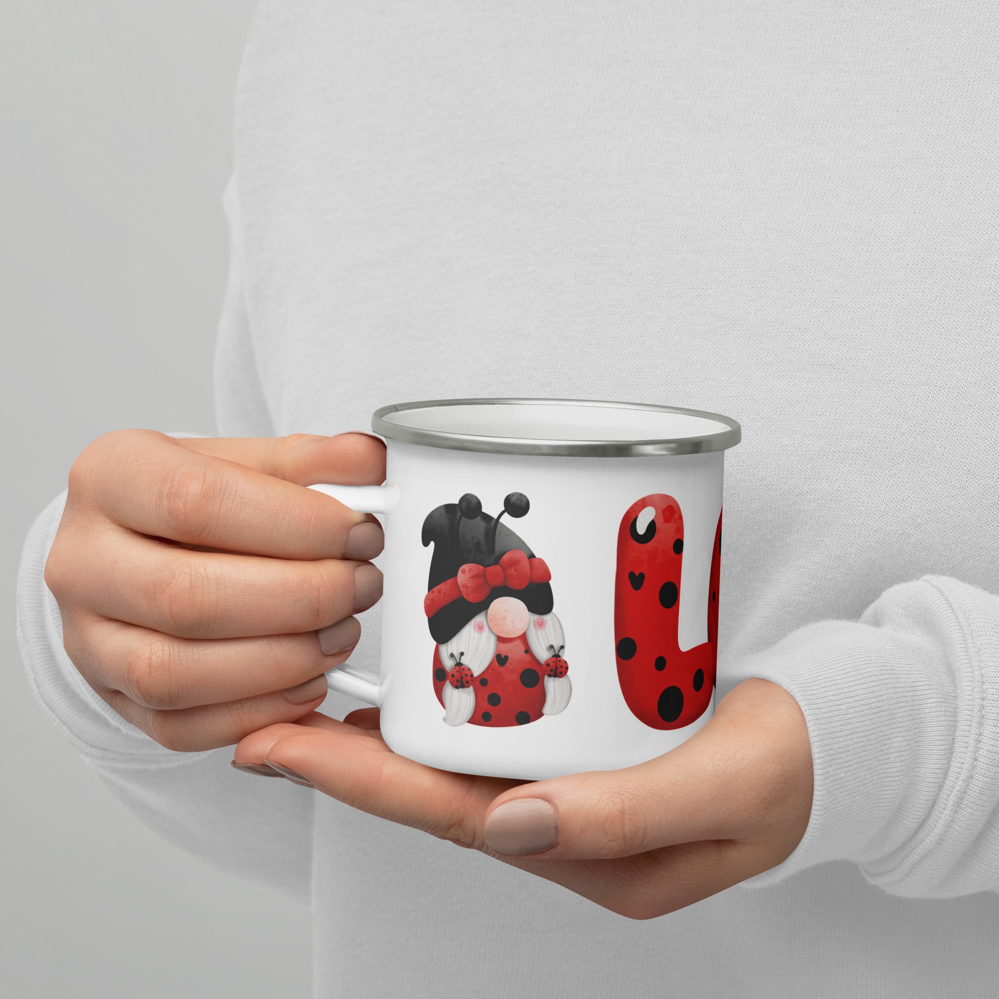 Enamel Cup Ladybug Gnome Love