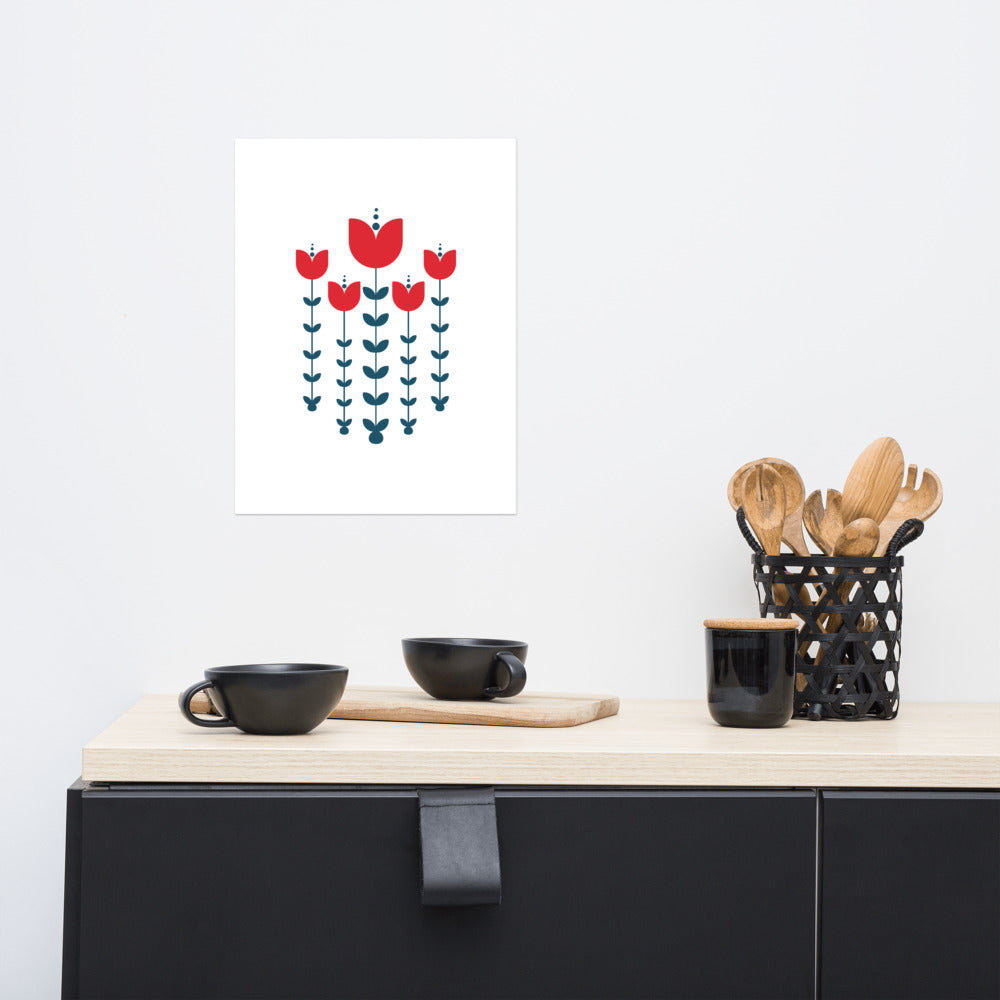 Red Scandinavian Flowers Poster