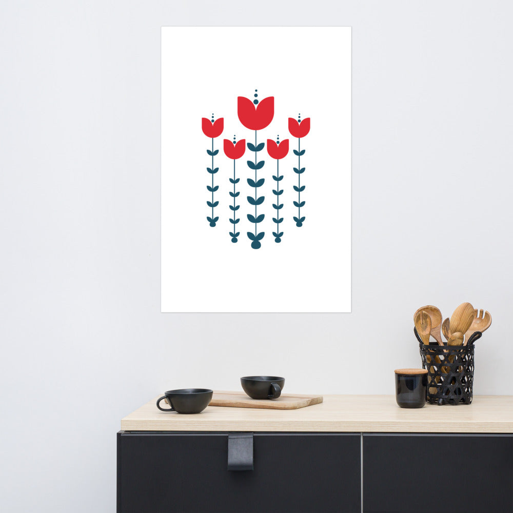 Red Scandinavian Flowers Poster