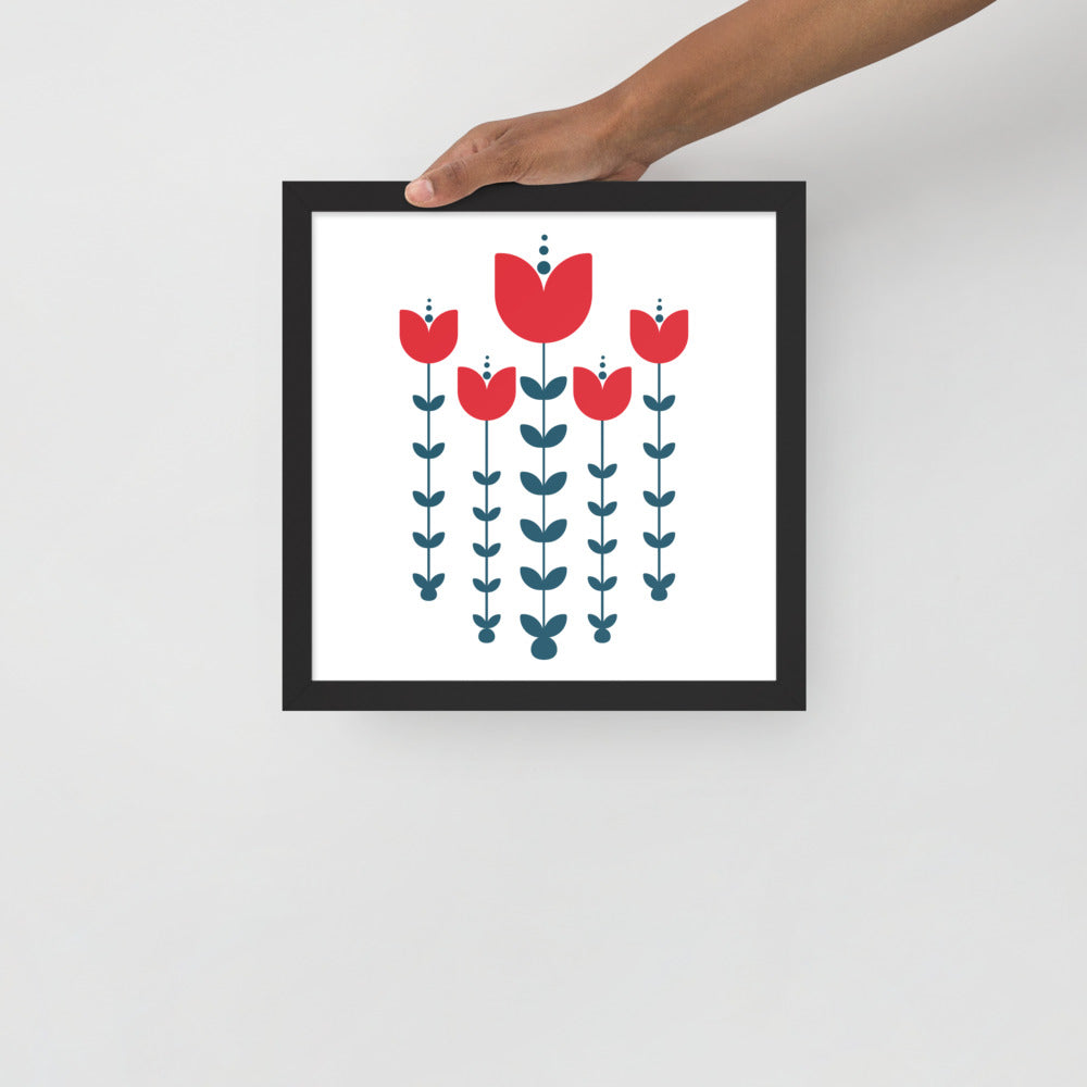 Red Scandinavian Flowers Framed Photo Paper Poster