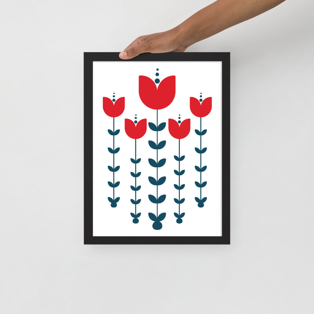 Red Scandinavian Flowers Framed Photo Paper Poster