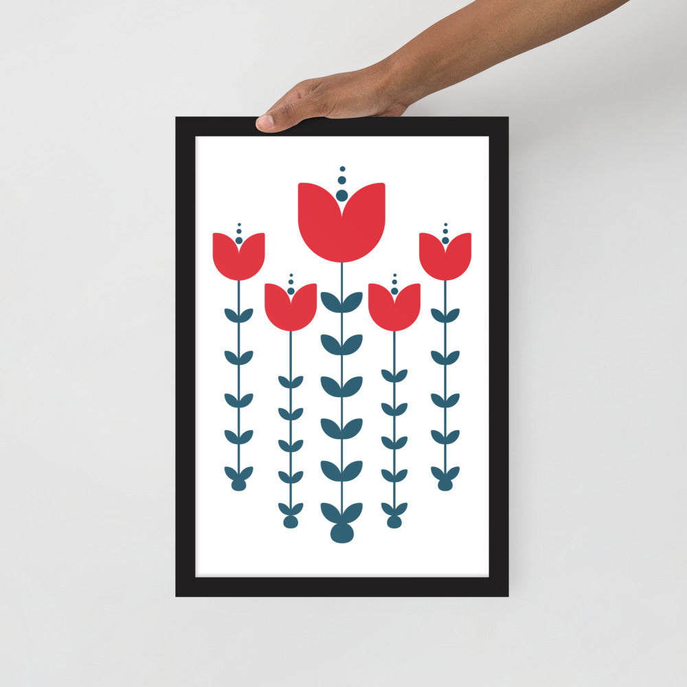 Red Scandinavian Flowers Framed Photo Paper Poster
