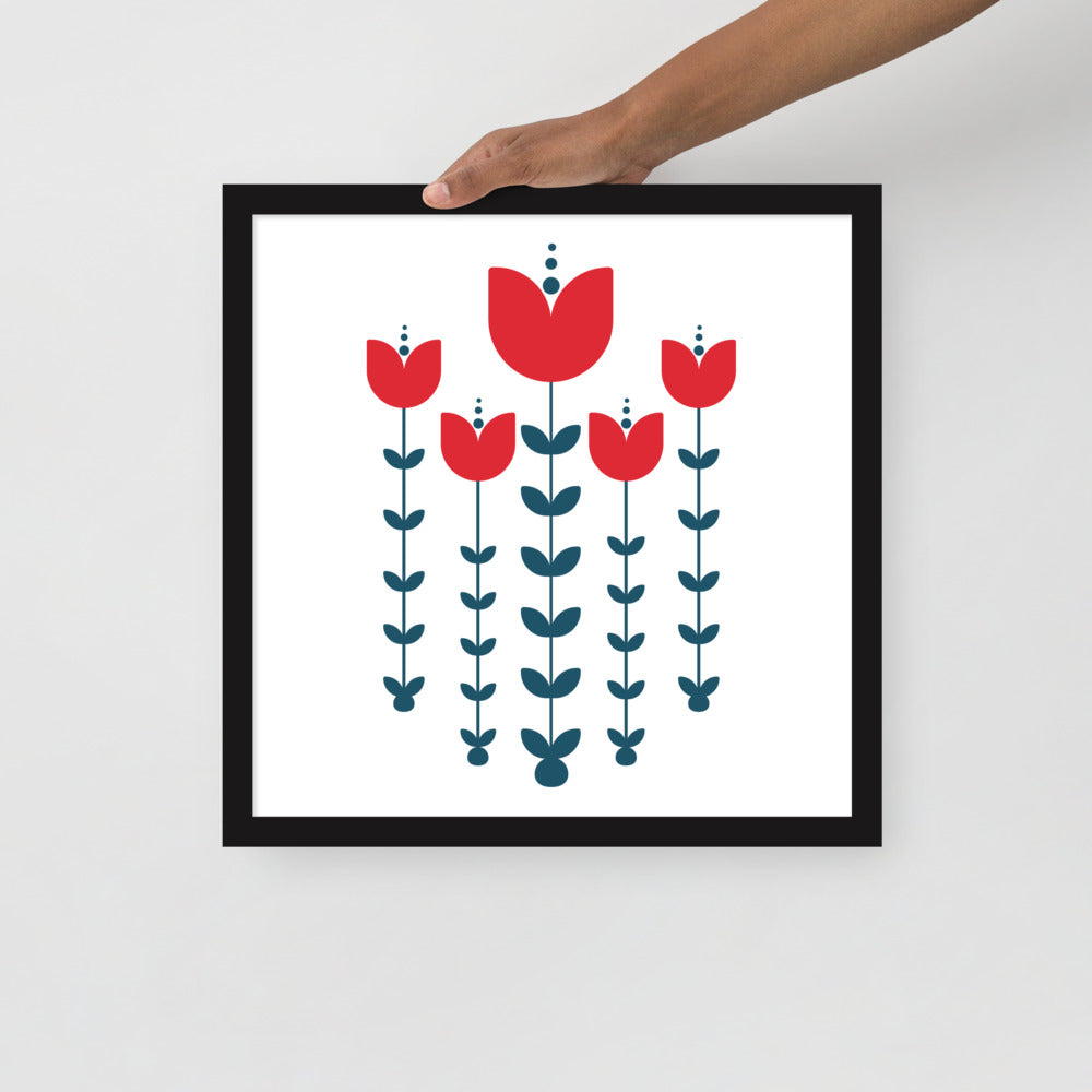 Red Scandinavian Flowers Framed Photo Paper Poster