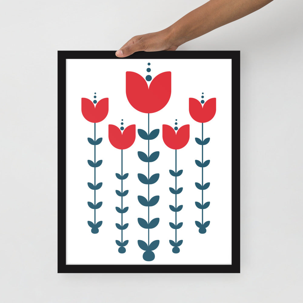 Red Scandinavian Flowers Framed Photo Paper Poster