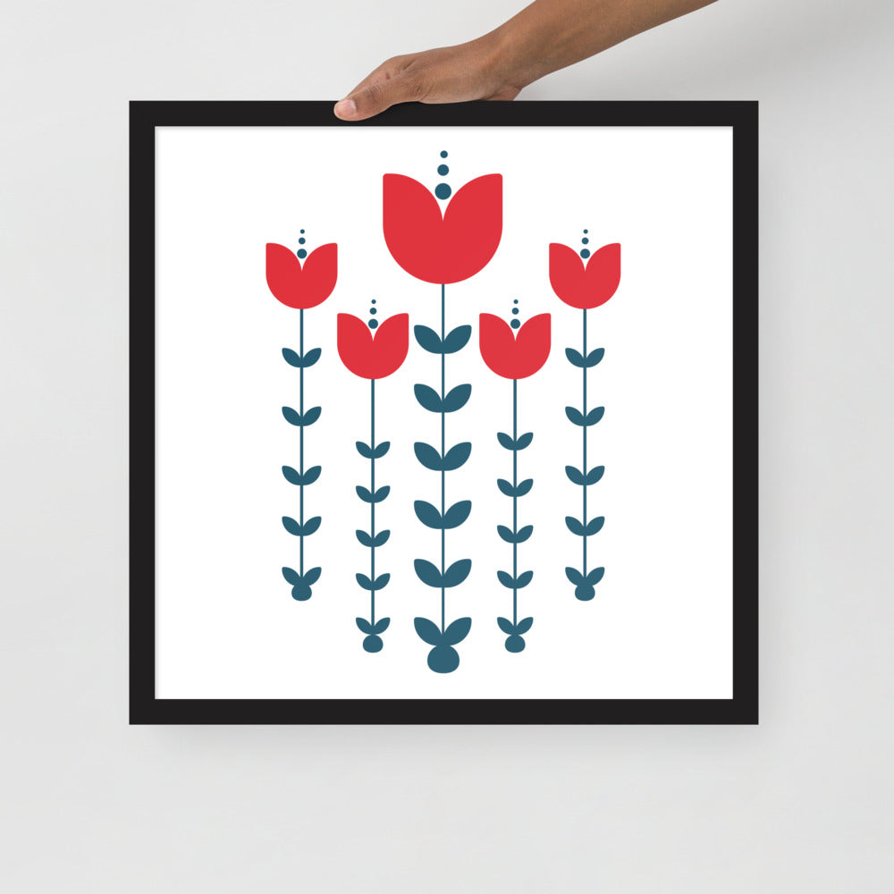 Red Scandinavian Flowers Framed Photo Paper Poster