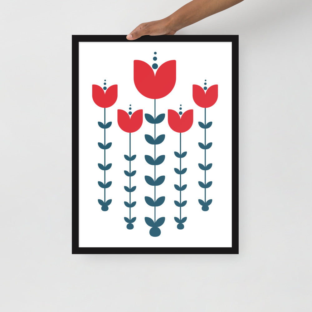 Red Scandinavian Flowers Framed Photo Paper Poster