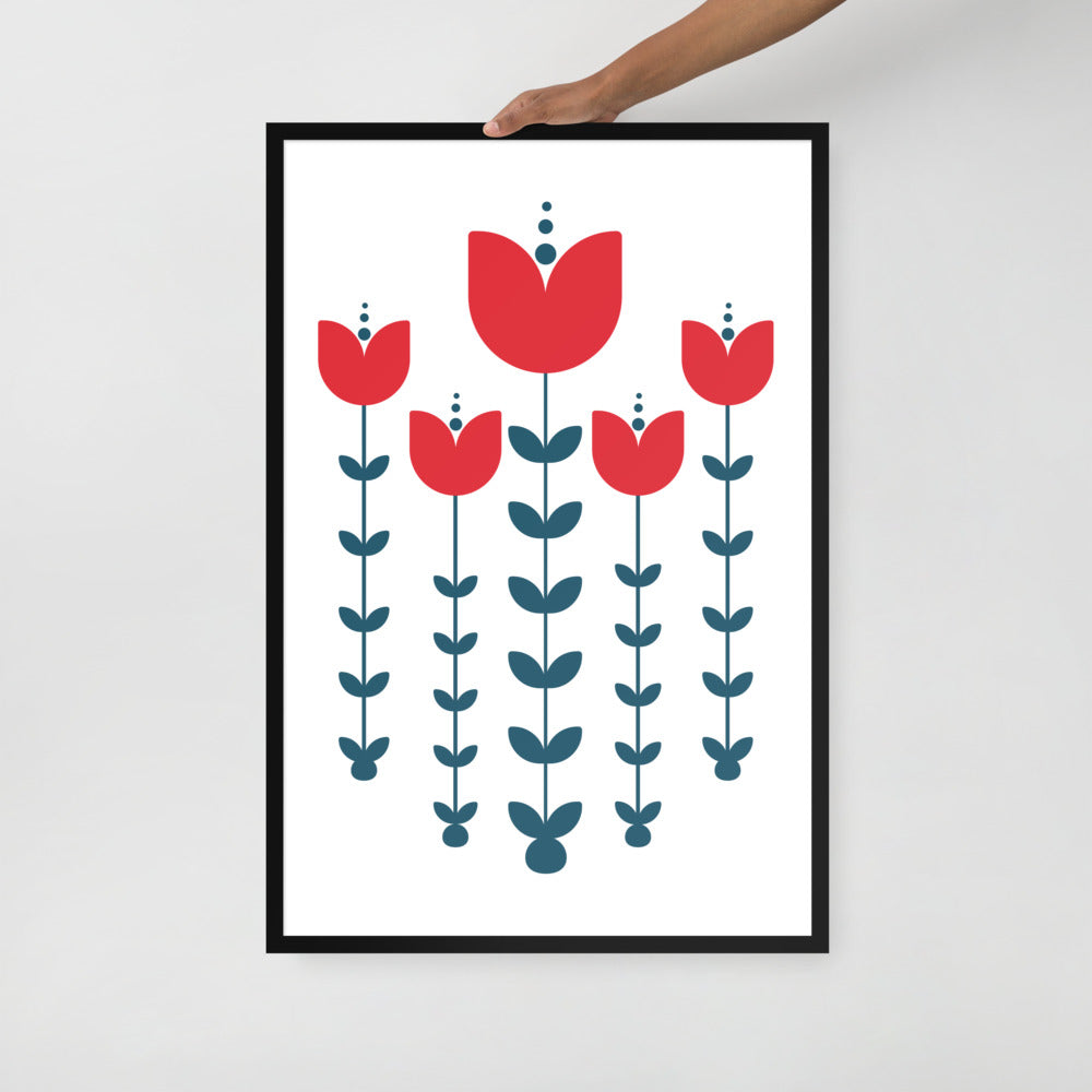 Red Scandinavian Flowers Framed Photo Paper Poster