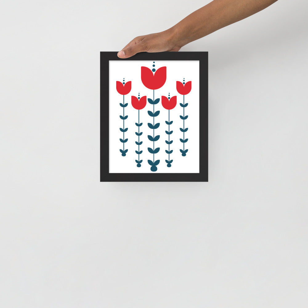 Red Scandinavian Flowers Framed Photo Paper Poster