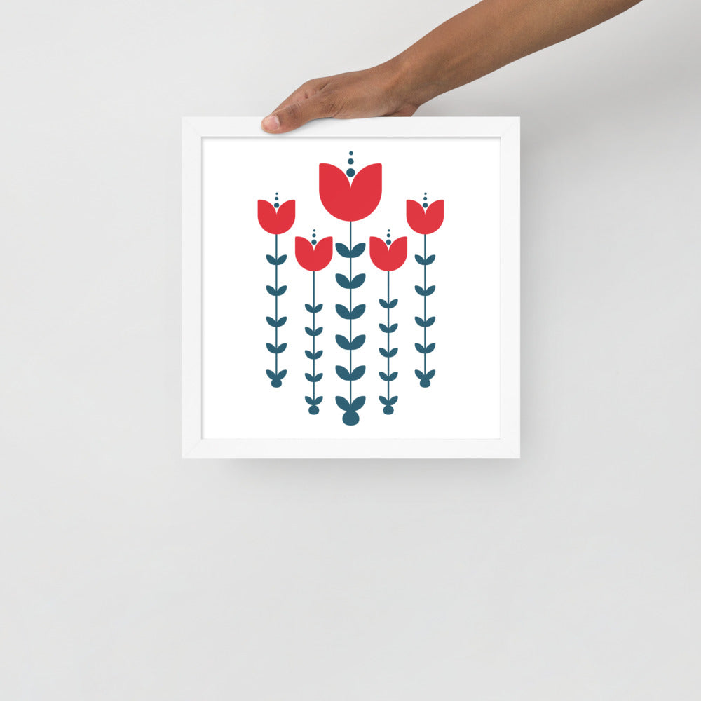 Red Scandinavian Flowers Framed Photo Paper Poster