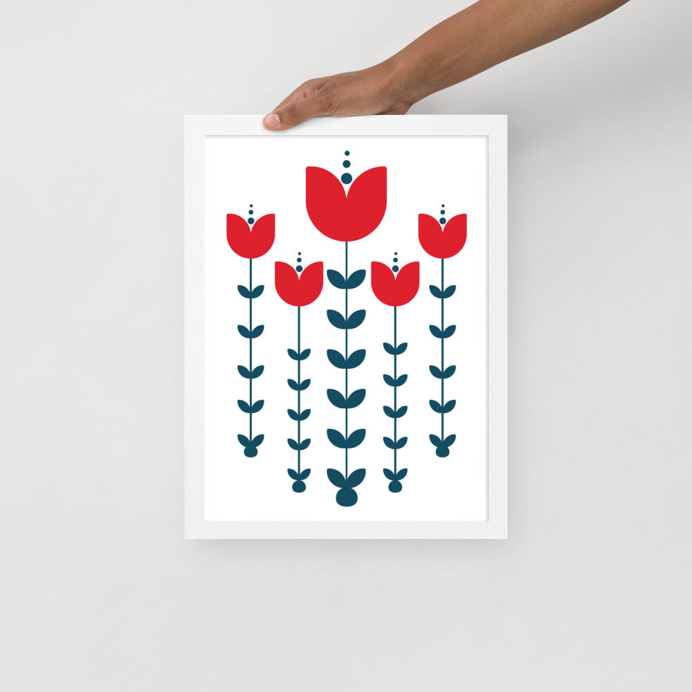 Red Scandinavian Flowers Framed Photo Paper Poster