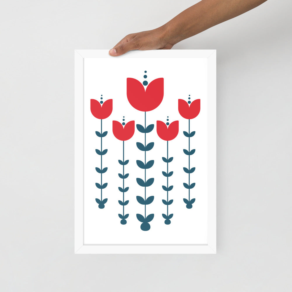 Red Scandinavian Flowers Framed Photo Paper Poster