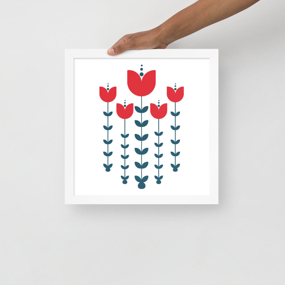 Red Scandinavian Flowers Framed Photo Paper Poster