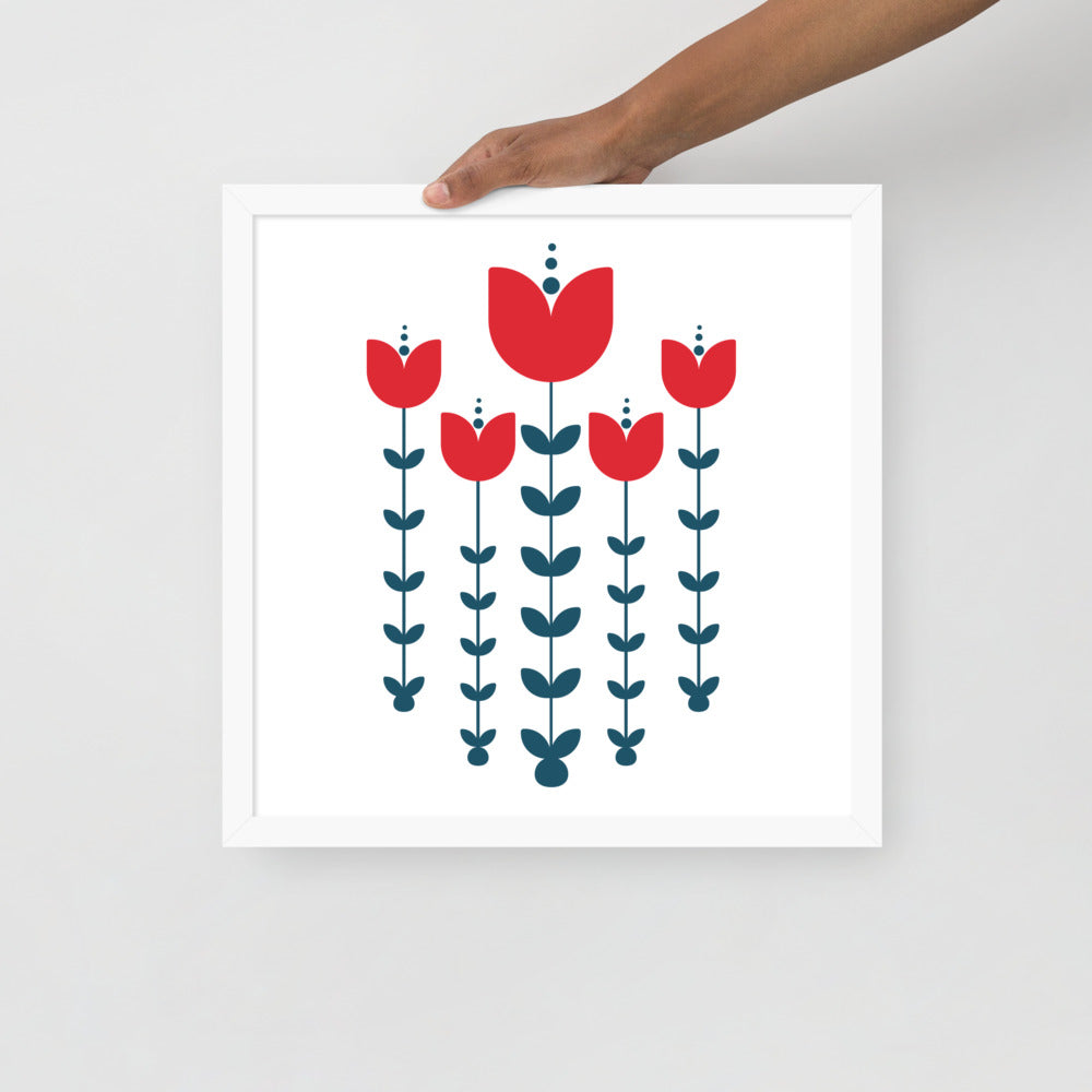 Red Scandinavian Flowers Framed Photo Paper Poster