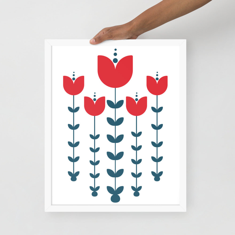 Red Scandinavian Flowers Framed Photo Paper Poster