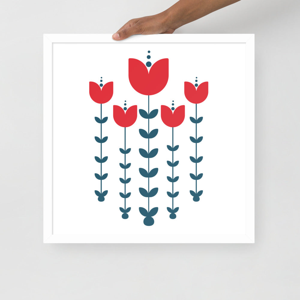 Red Scandinavian Flowers Framed Photo Paper Poster