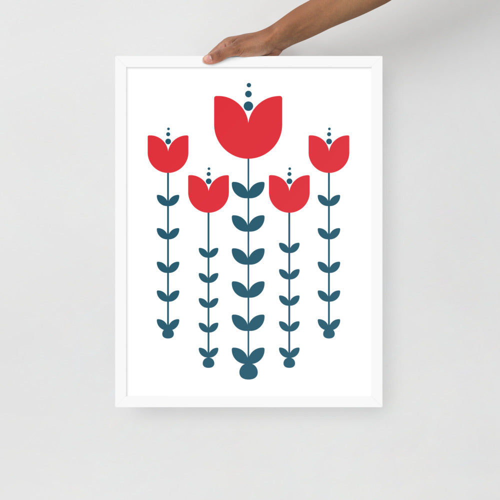 Red Scandinavian Flowers Framed Photo Paper Poster