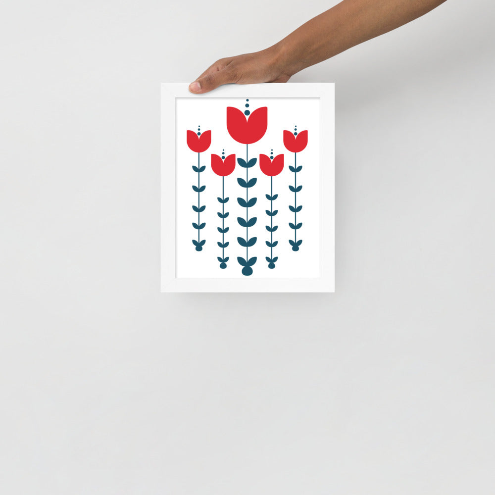 Red Scandinavian Flowers Framed Photo Paper Poster