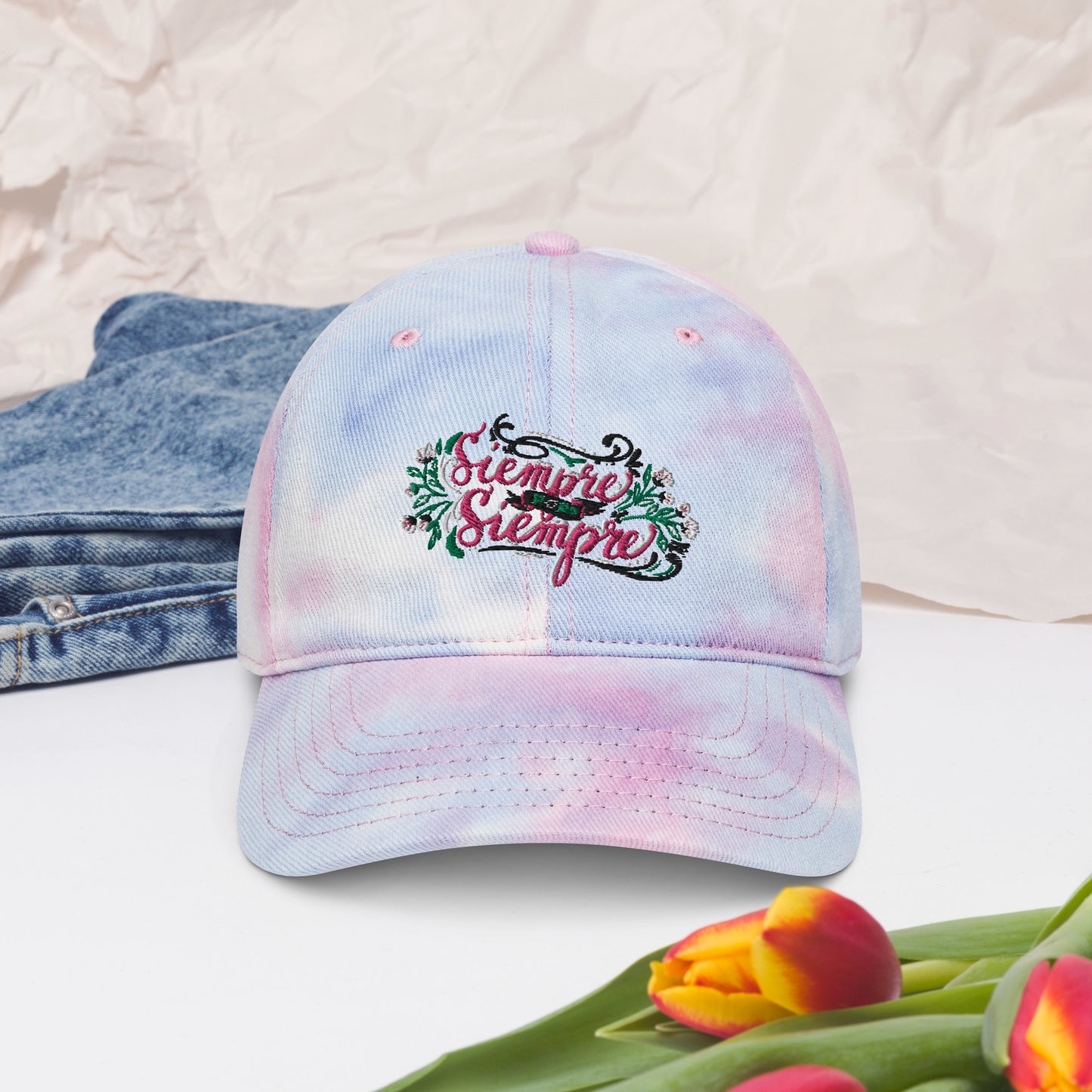 Embroidered Tie Dye Summer Hat Mexican Quote Hand Lettering Siempre Por Siempre