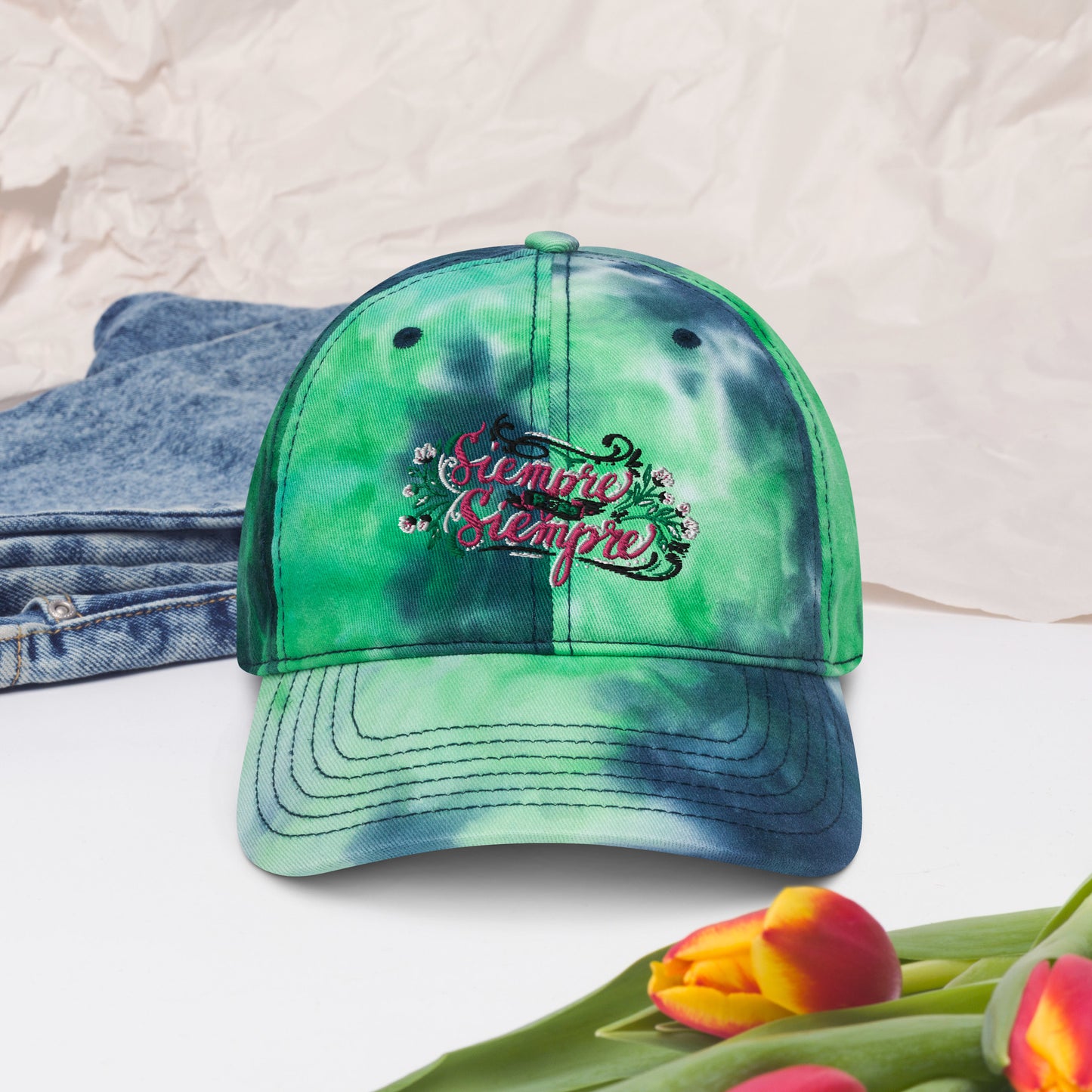 Embroidered Tie Dye Summer Hat Mexican Quote Hand Lettering Siempre Por Siempre
