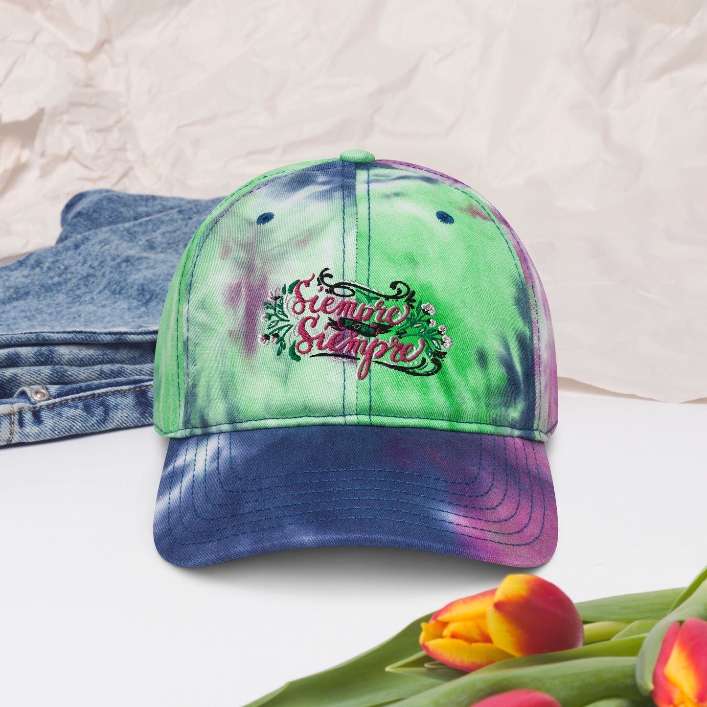 Embroidered Tie Dye Summer Hat Mexican Quote Hand Lettering Siempre Por Siempre