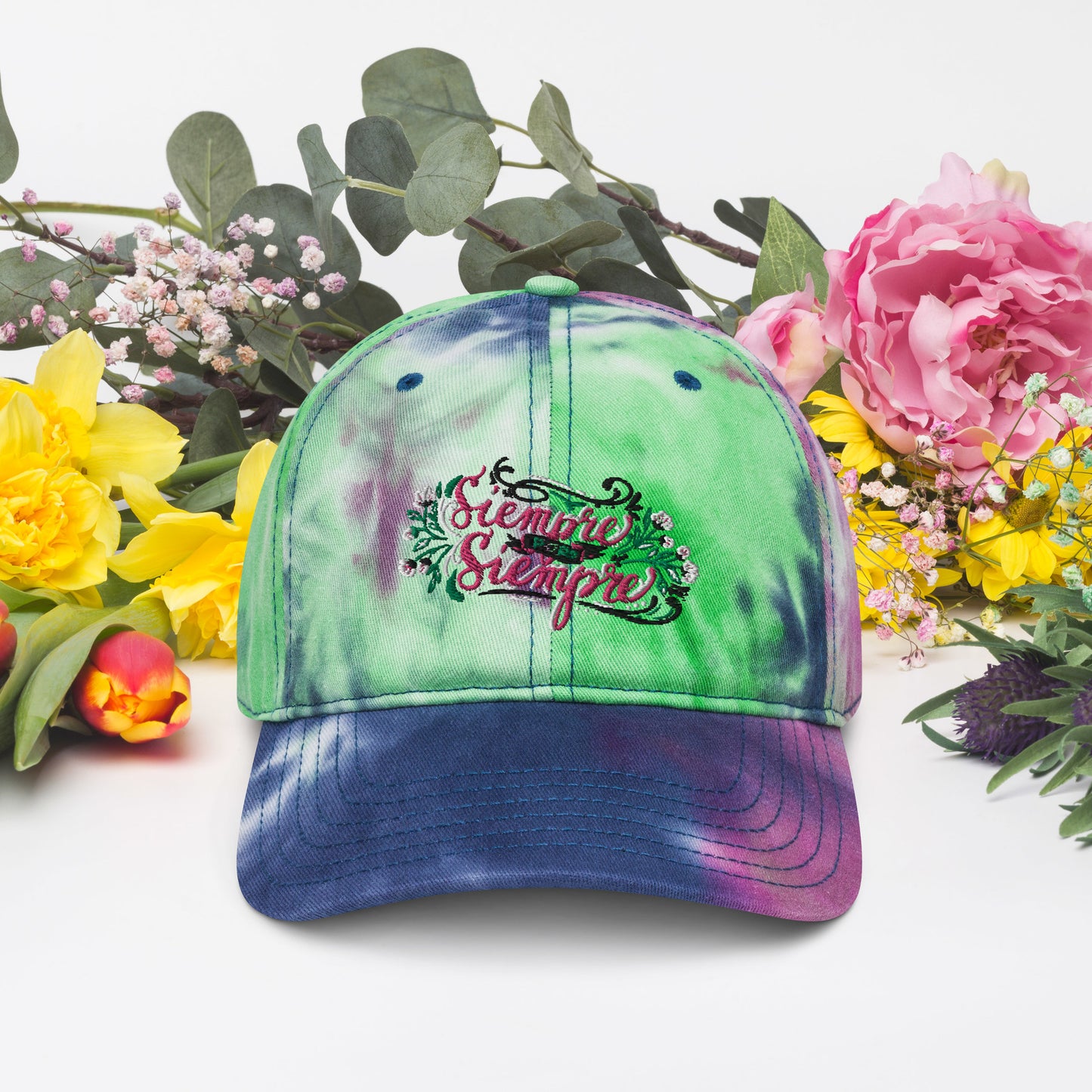 Embroidered Tie Dye Summer Hat Mexican Quote Hand Lettering Siempre Por Siempre